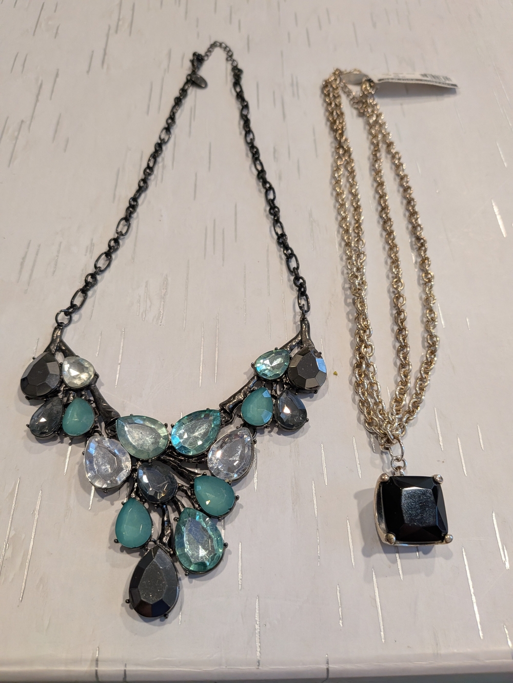 Statement Teardrop Bib Necklace with Aqua and Black Stones Set Of 2